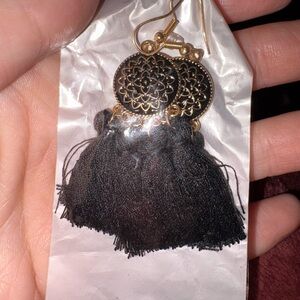 Gold Filigree Black Tassel Earrings